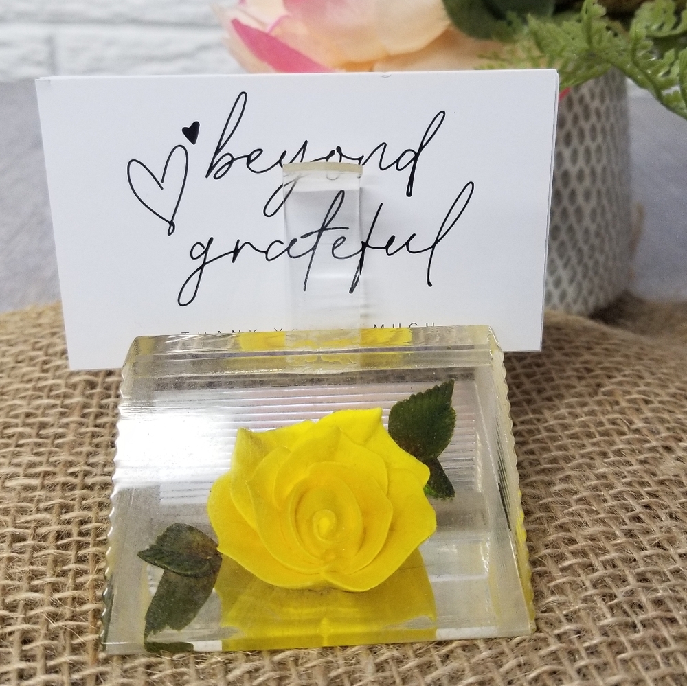 Vintage lucite yellow rose business card holder